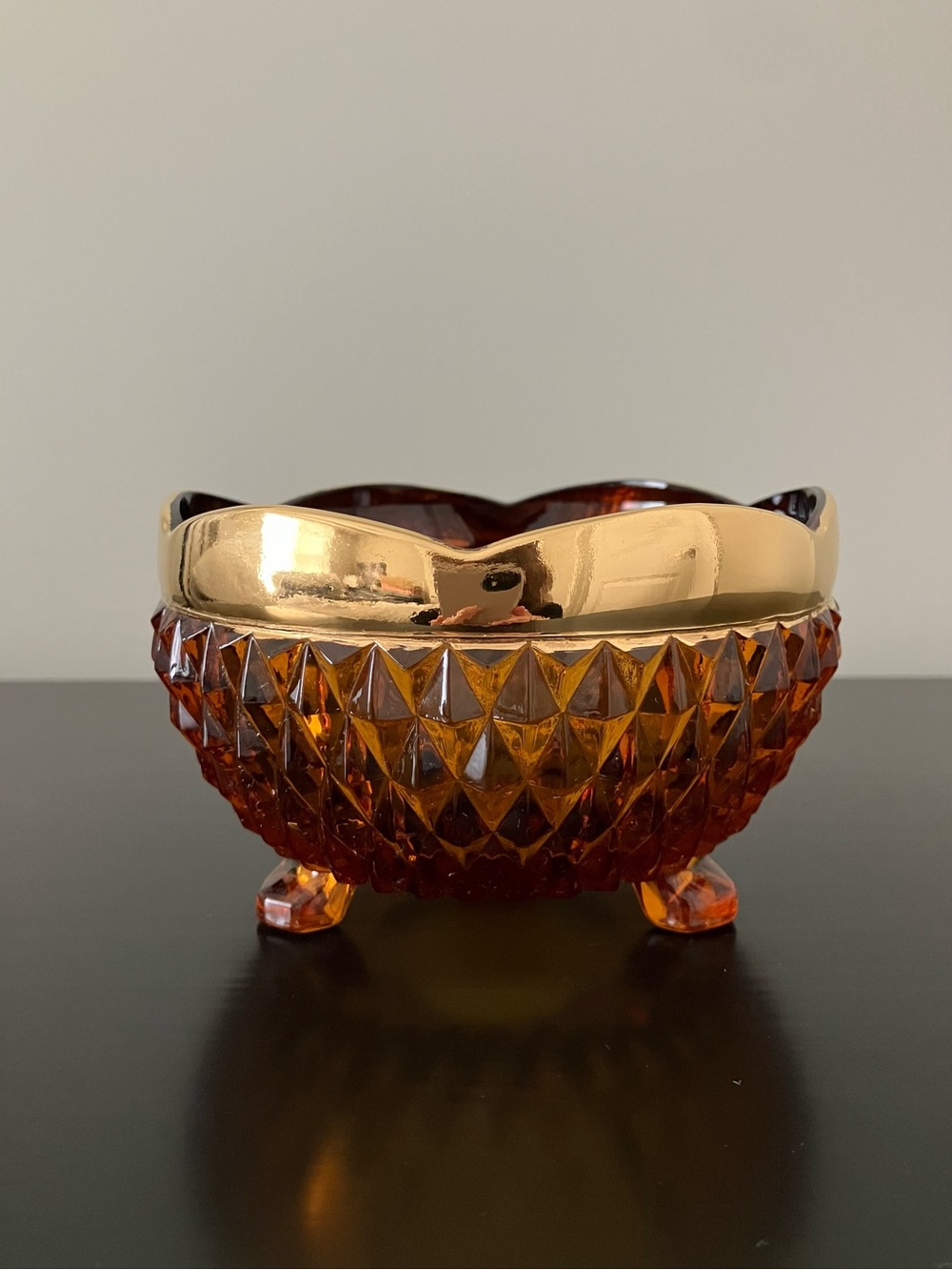 Vintage MCM Indiana Diamond Point Amber Glass Footed Dish with Gold Accent